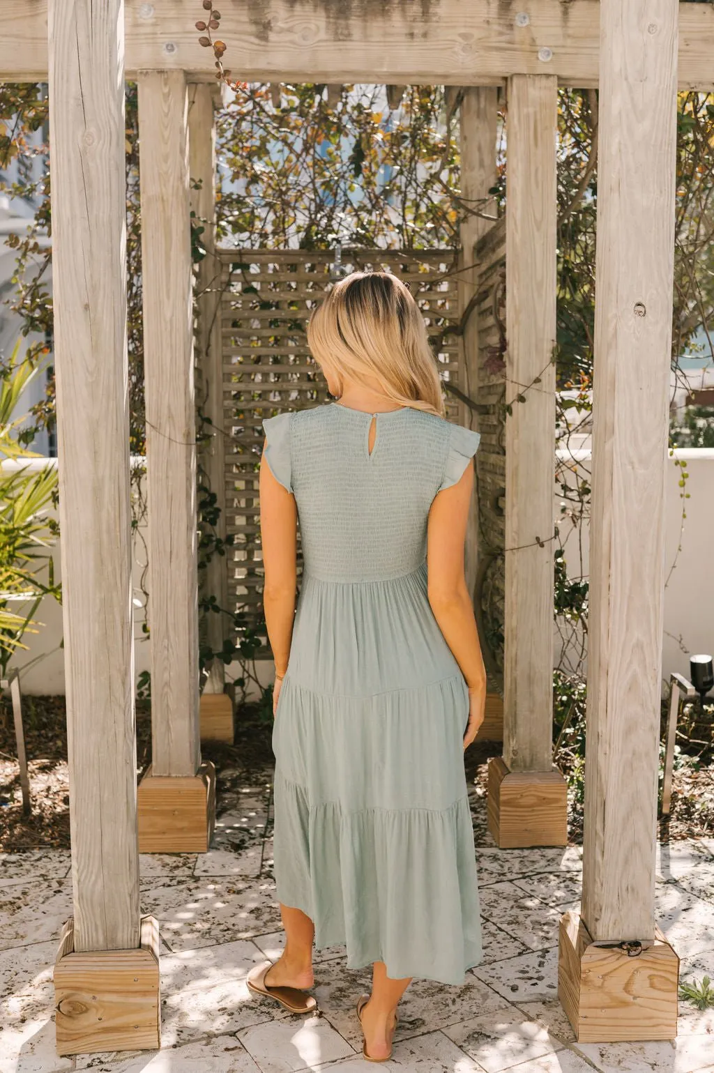 Sage Smock Tiered Midi Dress