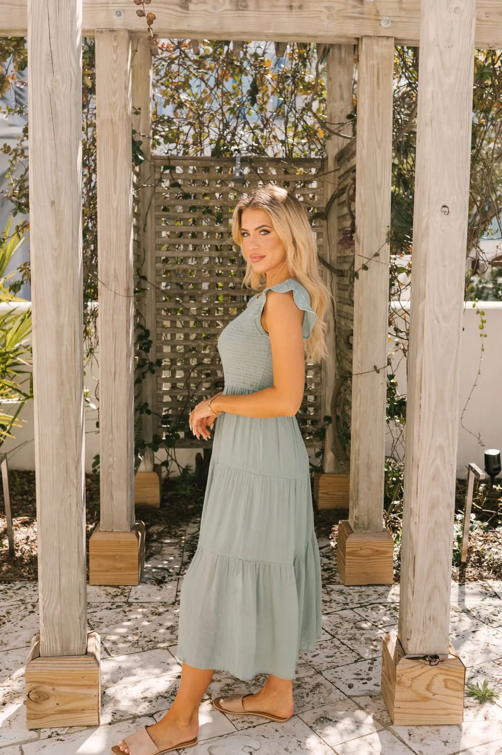 Sage Smock Tiered Midi Dress