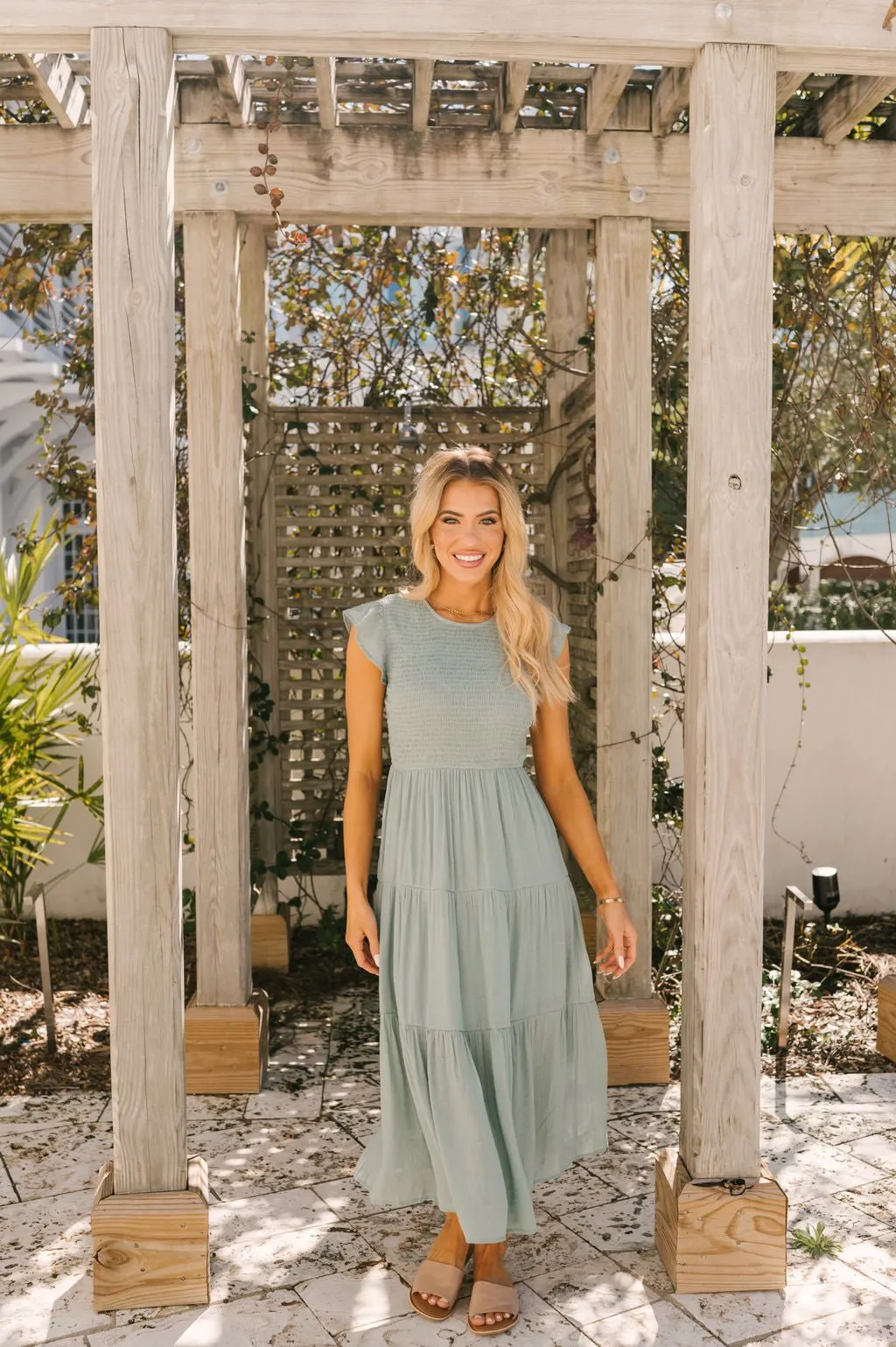 Sage Smock Tiered Midi Dress