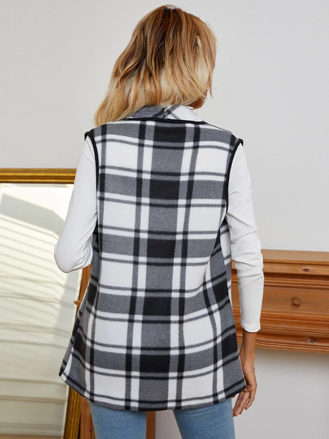 Shiny Plaid Open Front Vest