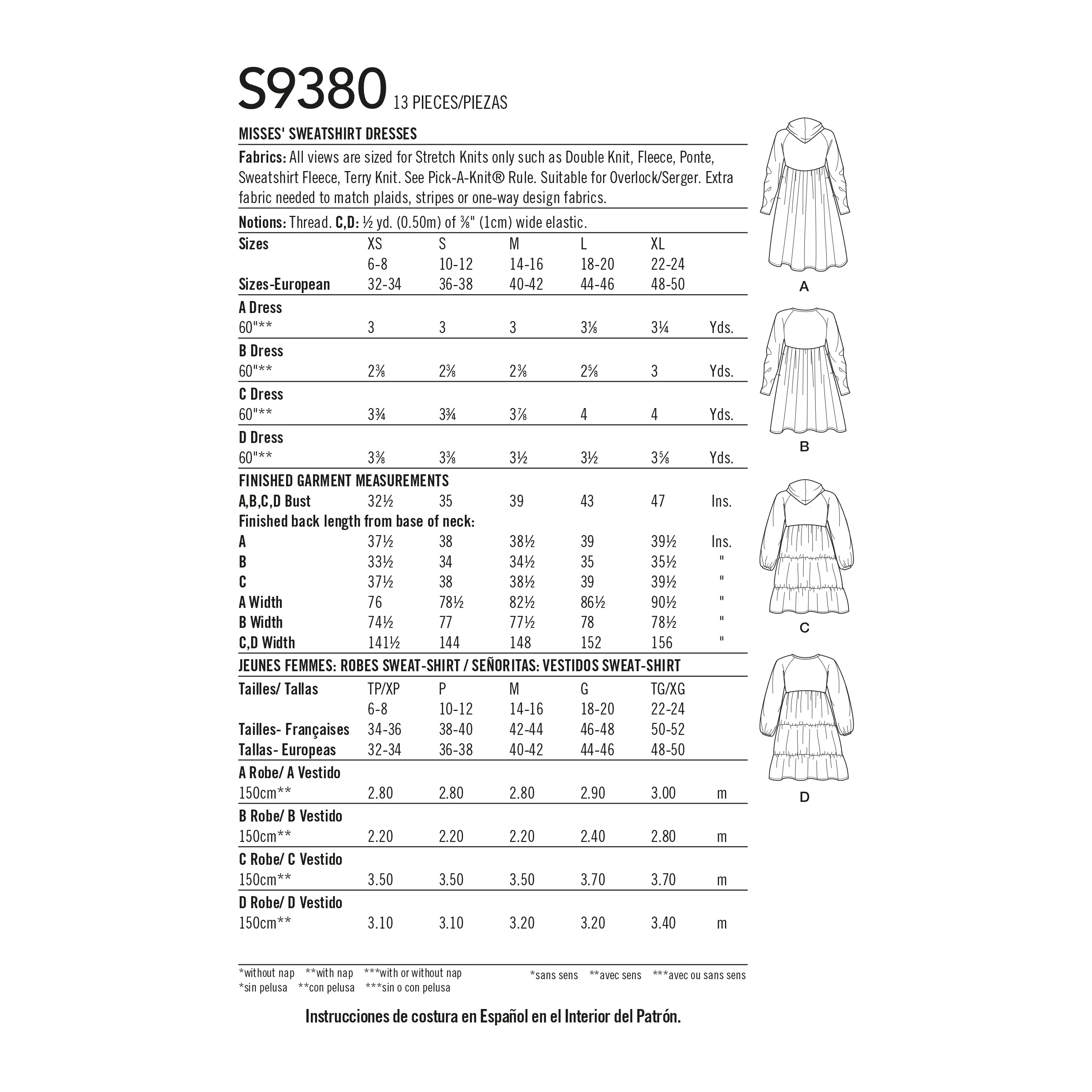 Simplicity Sewing Pattern 9380 Misses' Sweatshirt Dresses