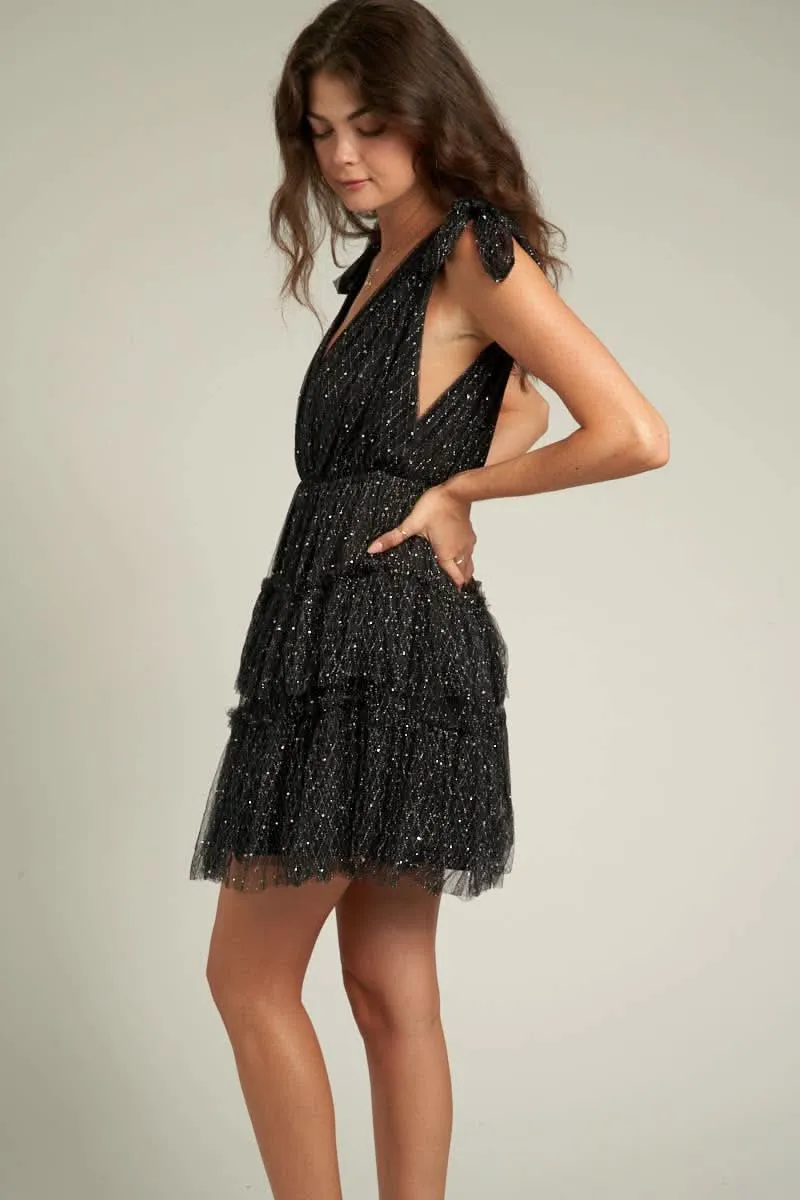 Sleeveless Black Tiered Tulle Glitter Mini Dress