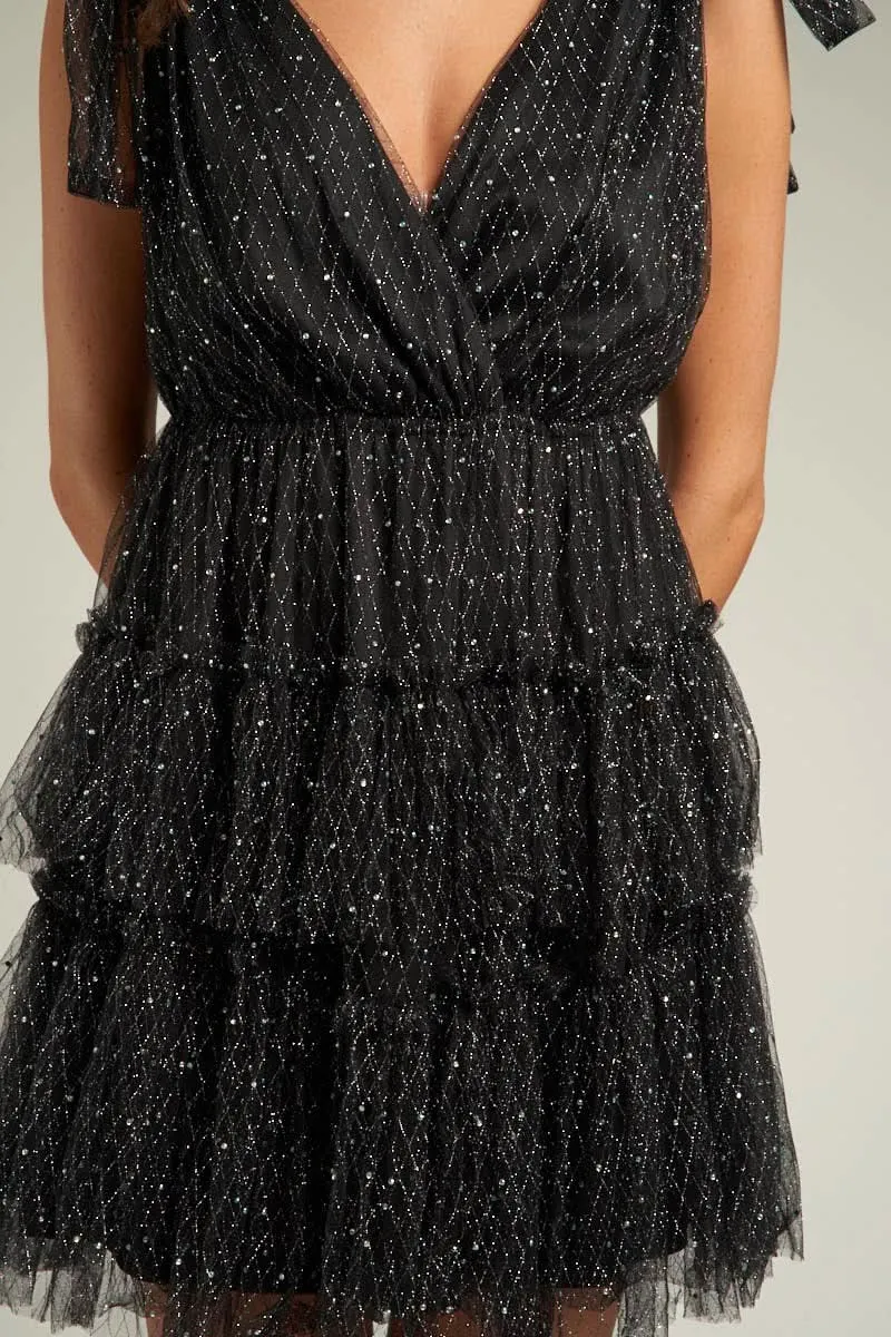 Sleeveless Black Tiered Tulle Glitter Mini Dress