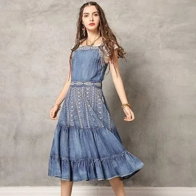 Sleeveless Vintage Embroidery Ruffles Hem Denim Dress