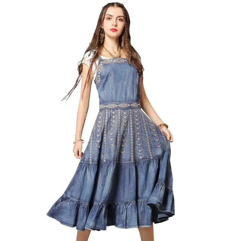 Sleeveless Vintage Embroidery Ruffles Hem Denim Dress