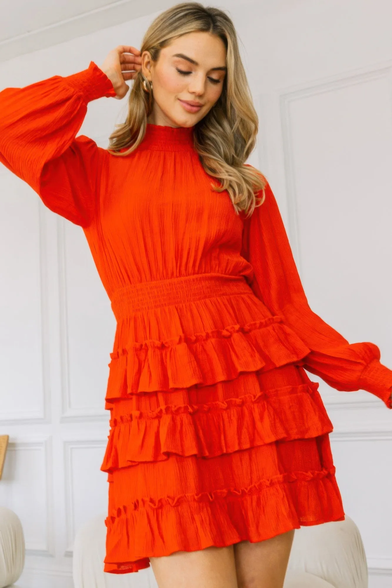 Smocked Neck Tiered Ruffle Mini Dress