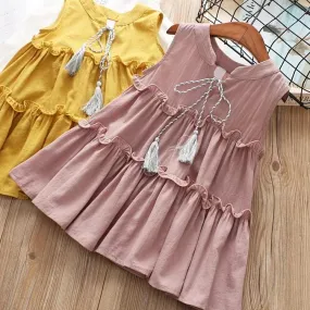 Tassel Trimmed Sleeveless Ruffle Dress For Toddler Little Girl