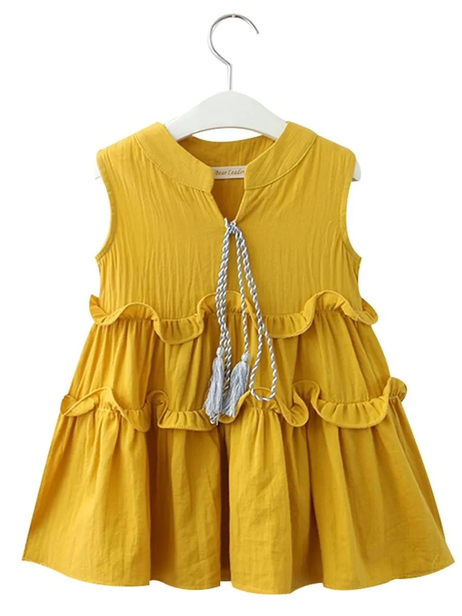 Tassel Trimmed Sleeveless Ruffle Dress For Toddler Little Girl