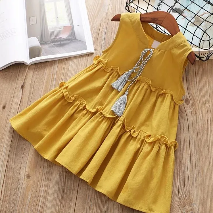 Tassel Trimmed Sleeveless Ruffle Dress For Toddler Little Girl