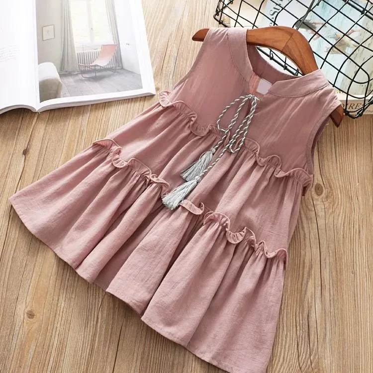 Tassel Trimmed Sleeveless Ruffle Dress For Toddler Little Girl