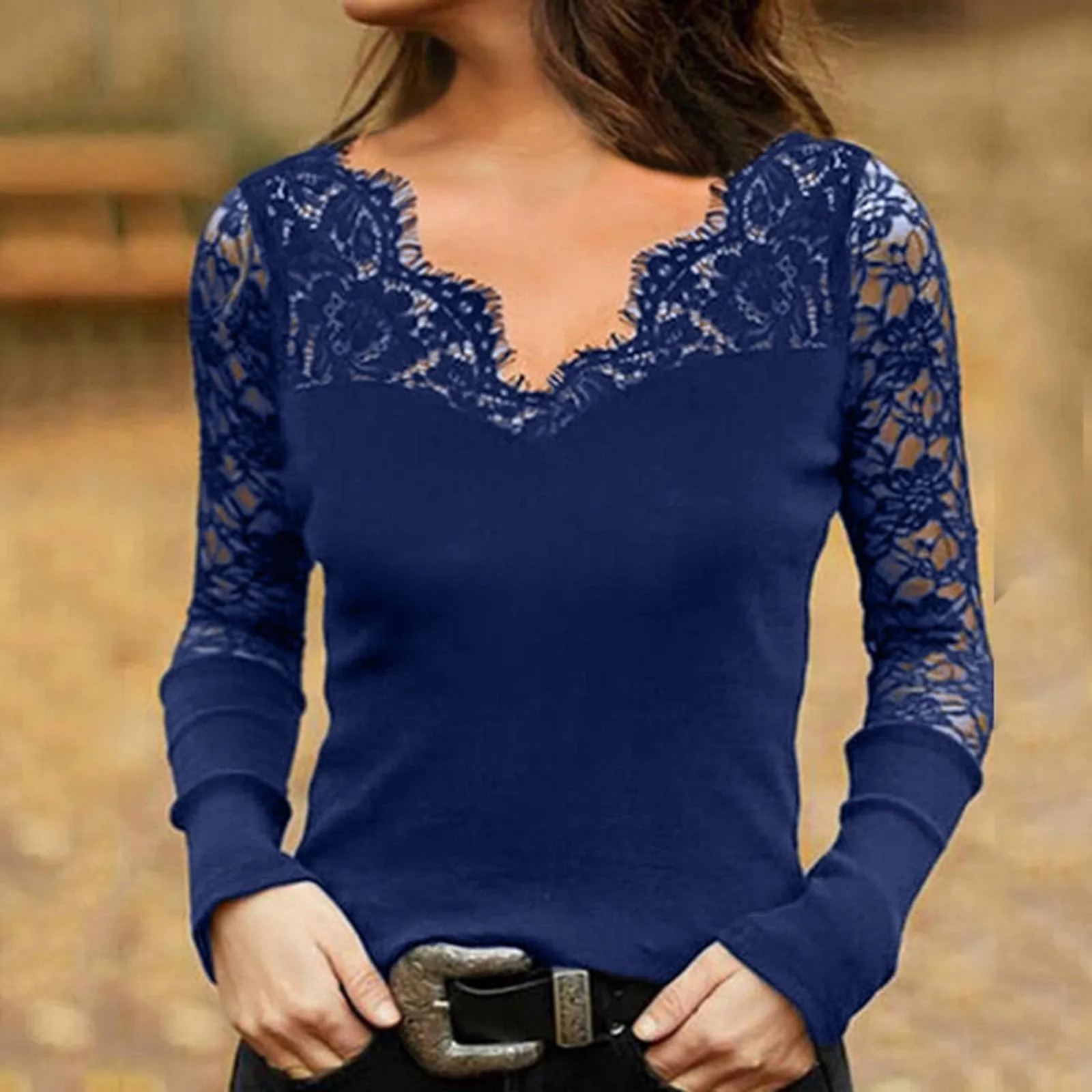 Temperament commuter pullover V-neck lace mesh bottoming shirt