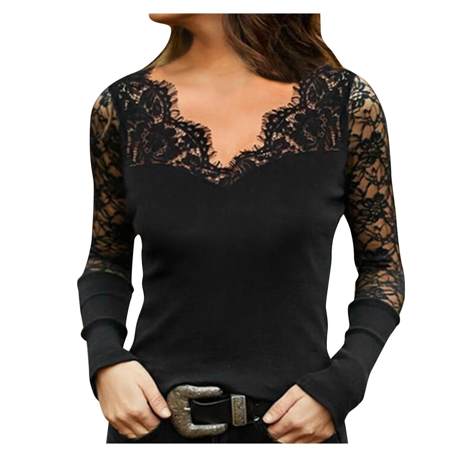 Temperament commuter pullover V-neck lace mesh bottoming shirt