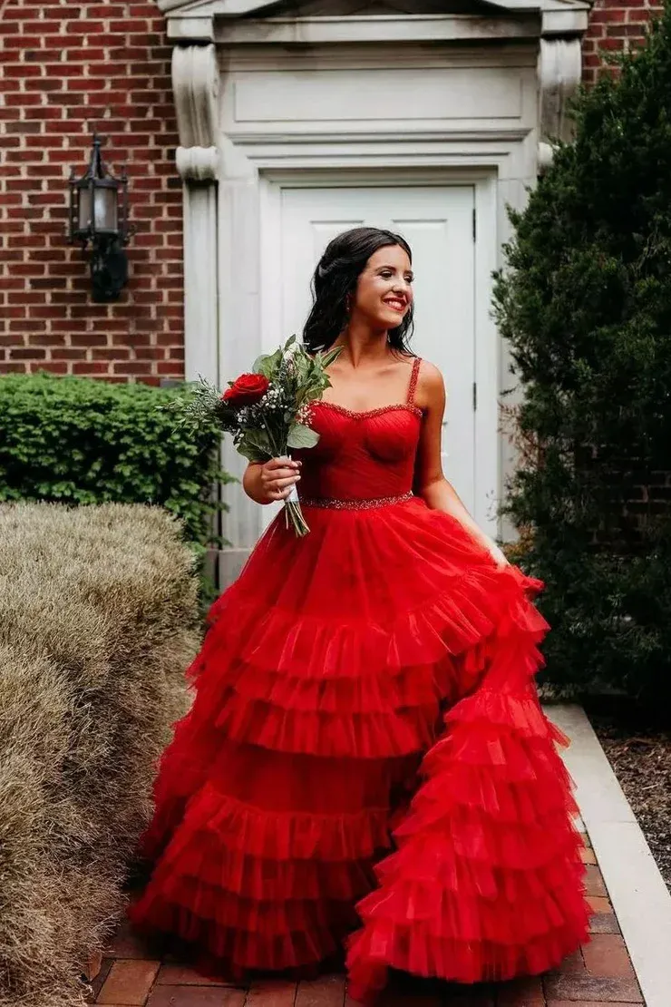 Tiered Ruffle Sweetheart Beaded Long Prom Dress