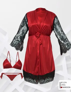 Two Hearts 3 Pcs Silk Nighty Set - JE-1274 - Maroon