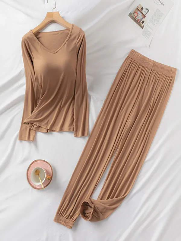 V-Neck Solid Color Long Sleeve&Pants Pajamas Sets