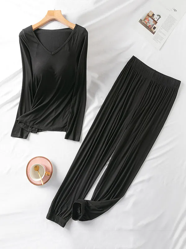 V-Neck Solid Color Long Sleeve&Pants Pajamas Sets