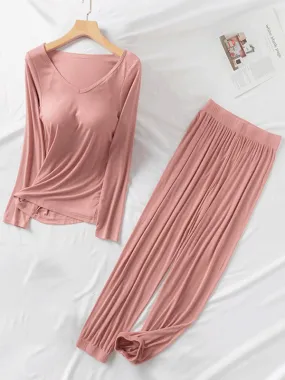 V-Neck Solid Color Long Sleeve&Pants Pajamas Sets