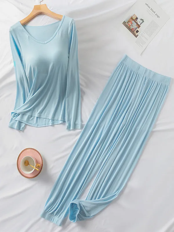 V-Neck Solid Color Long Sleeve&Pants Pajamas Sets