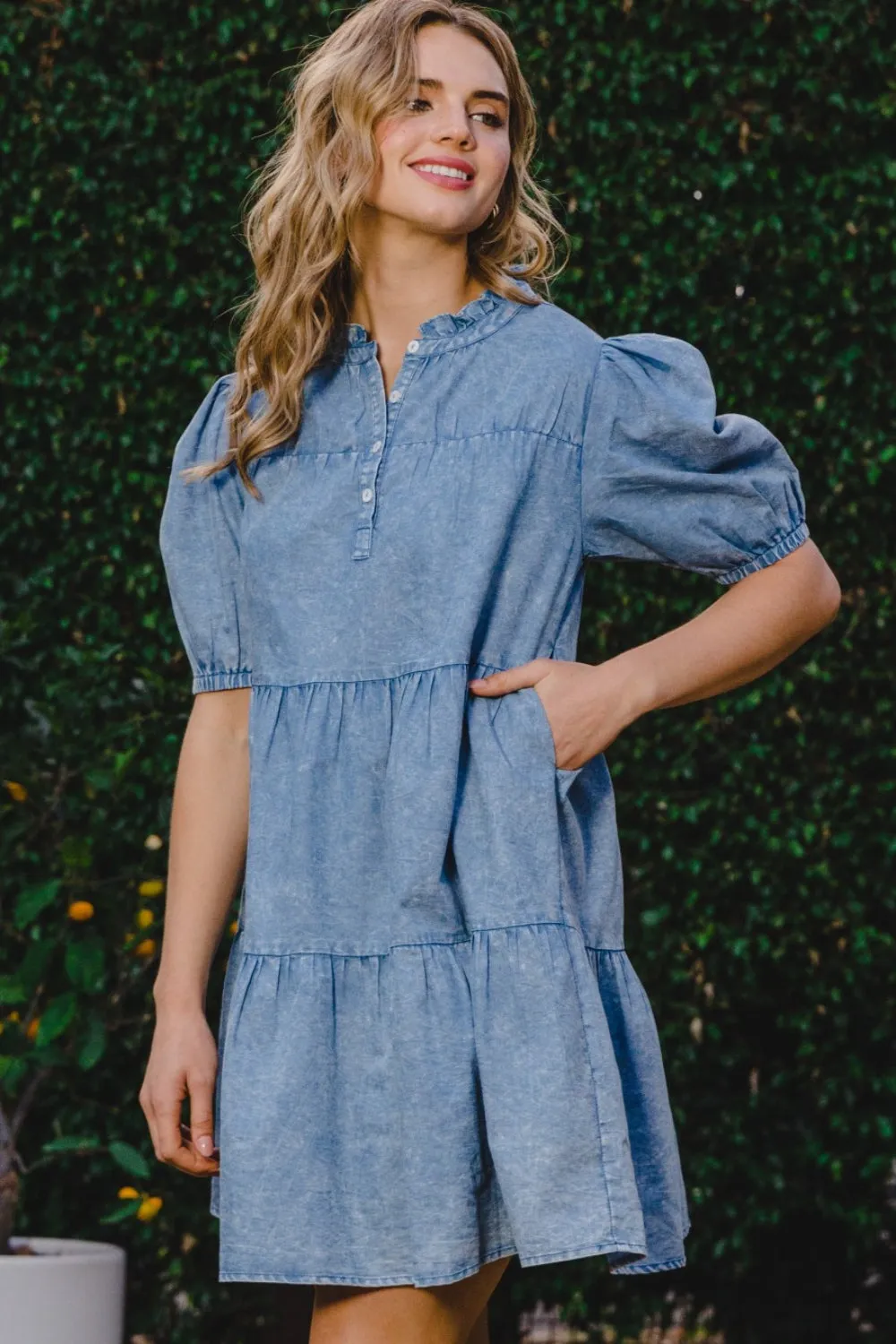 Washed Tiered Mini Denim Dress