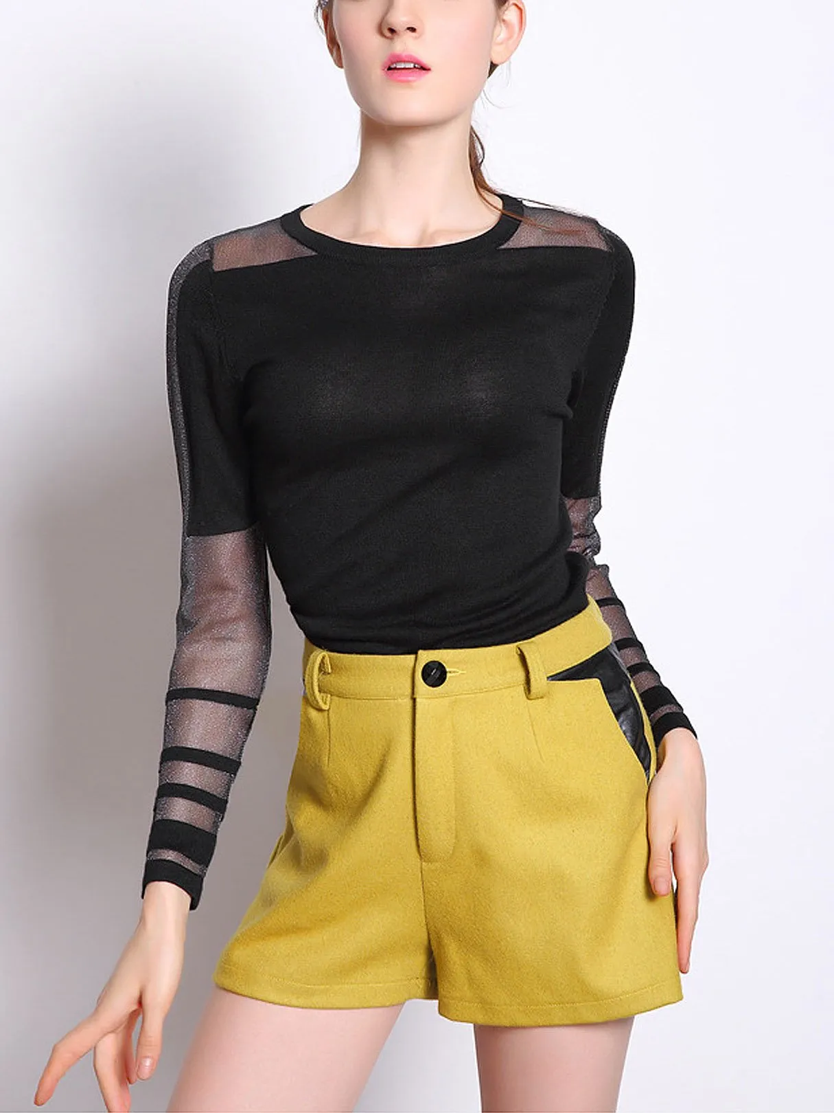 Wholesale Round Neck Sheer Long Sleeve Black T-Shirts