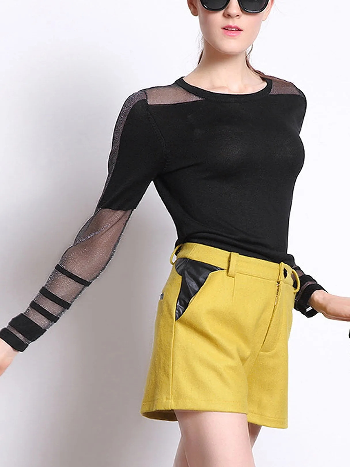 Wholesale Round Neck Sheer Long Sleeve Black T-Shirts