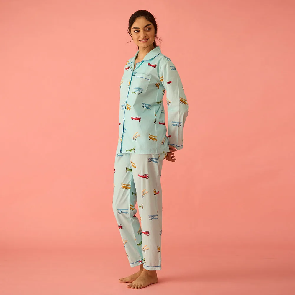 Women Vintage Planes Sky Blue Pajama Set