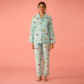 Women Vintage Planes Sky Blue Pajama Set