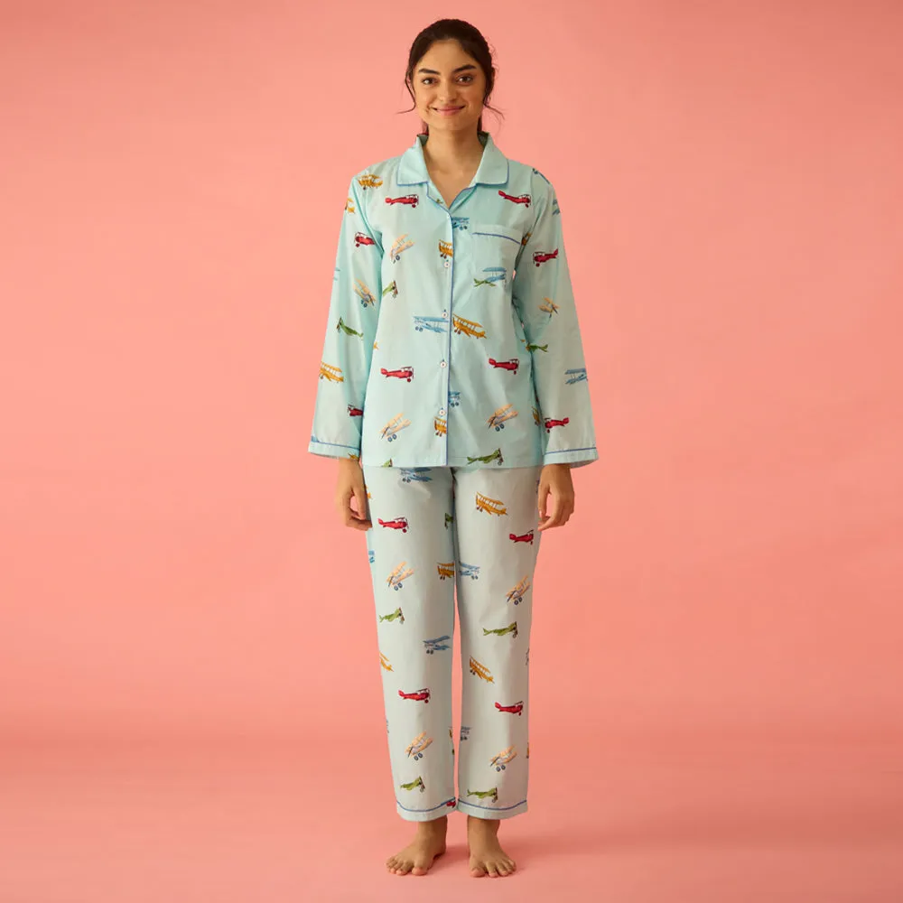 Women Vintage Planes Sky Blue Pajama Set