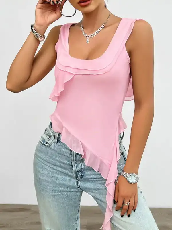 Women’s casual solid color sleeveless U-neck mesh top