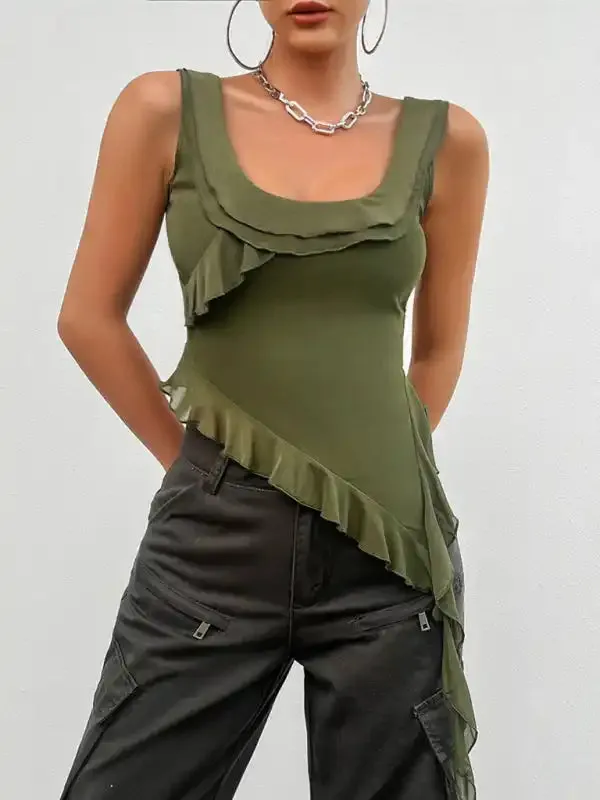 Women’s casual solid color sleeveless U-neck mesh top