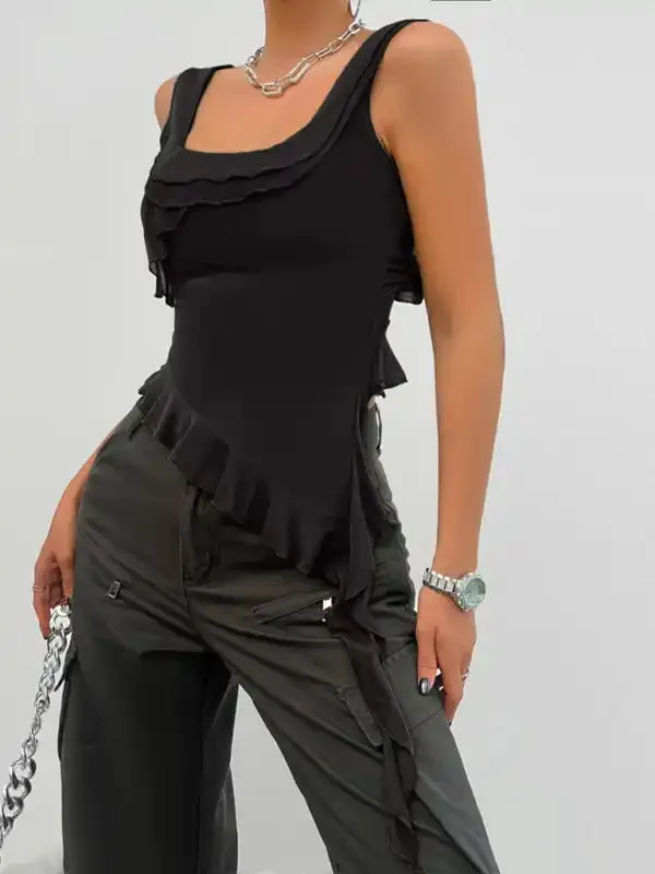 Women’s casual solid color sleeveless U-neck mesh top