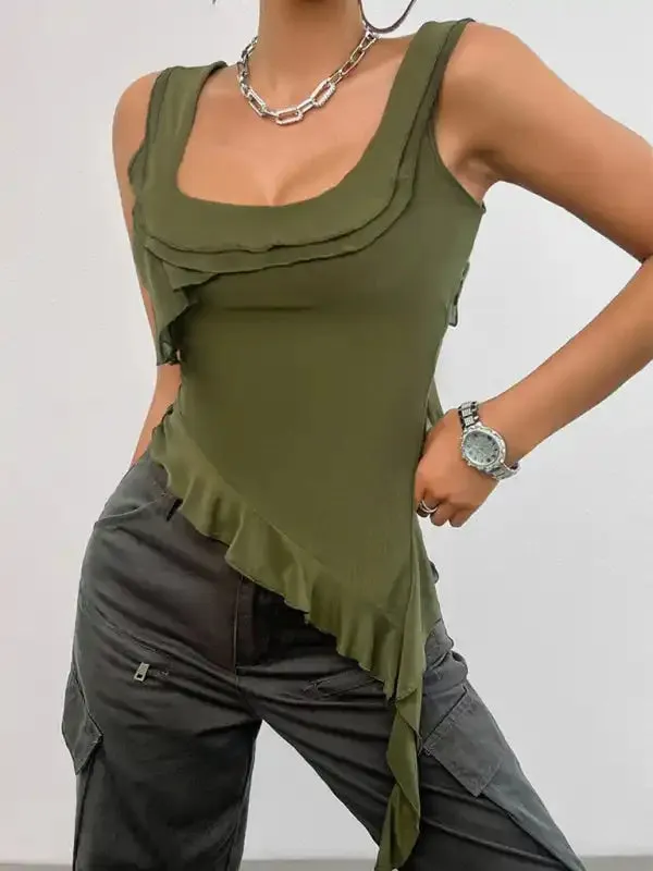 Women’s casual solid color sleeveless U-neck mesh top