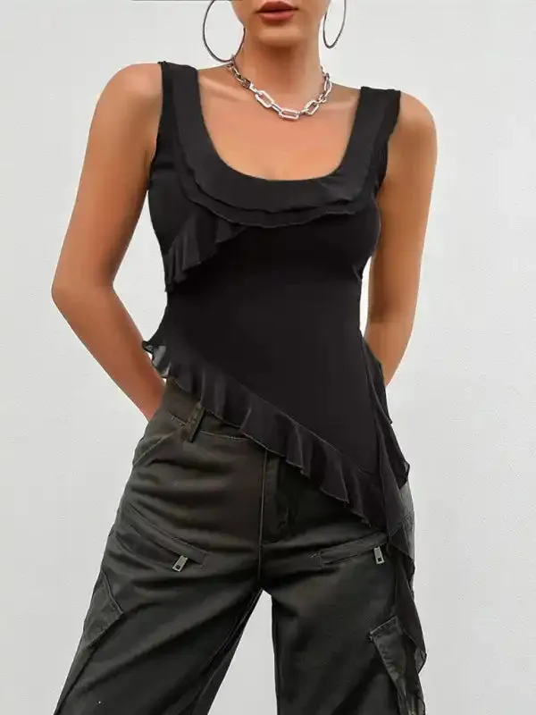 Women’s casual solid color sleeveless U-neck mesh top