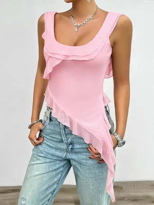 Women’s casual solid color sleeveless U-neck mesh top