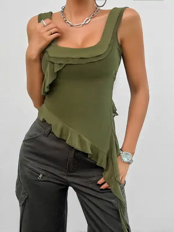 Women’s casual solid color sleeveless U-neck mesh top