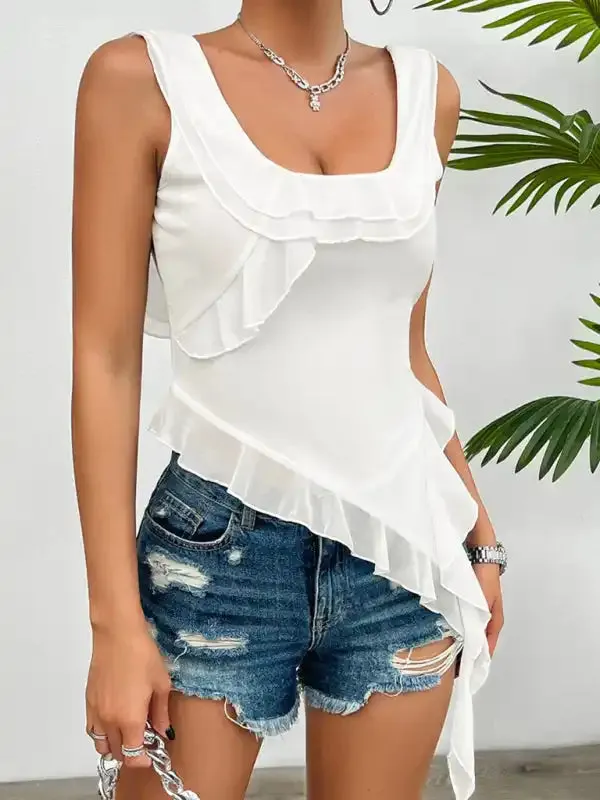 Women’s casual solid color sleeveless U-neck mesh top