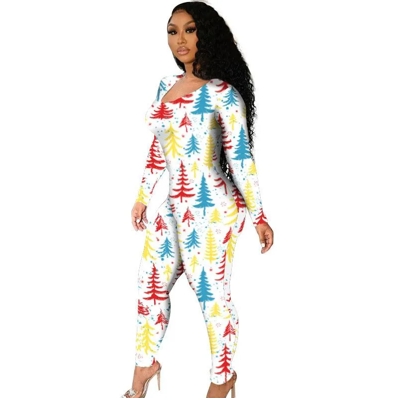 Women's Long Sleeve One Piece Pajamas Rompers Bodysuit Homewear Printed Christmas Jumpsuits