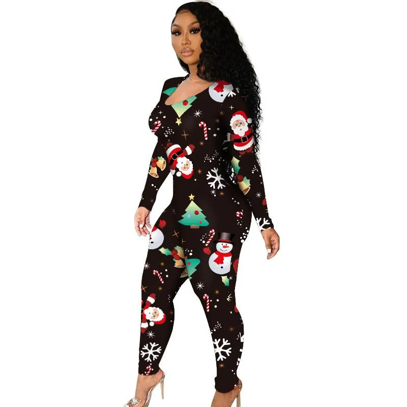 Women's Long Sleeve One Piece Pajamas Rompers Bodysuit Homewear Printed Christmas Jumpsuits