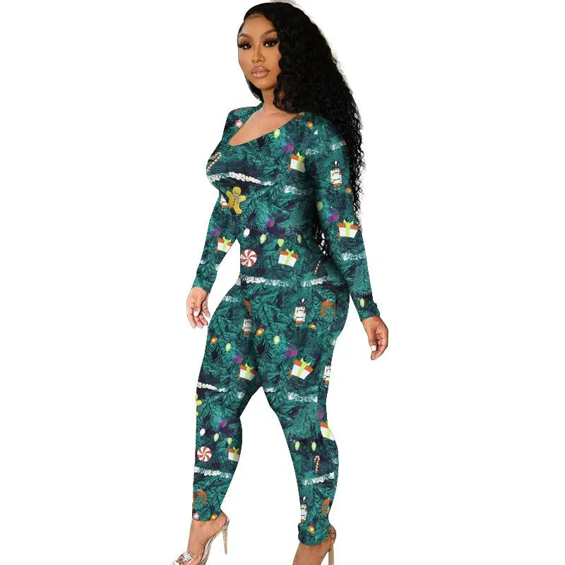 Women's Long Sleeve One Piece Pajamas Rompers Bodysuit Homewear Printed Christmas Jumpsuits