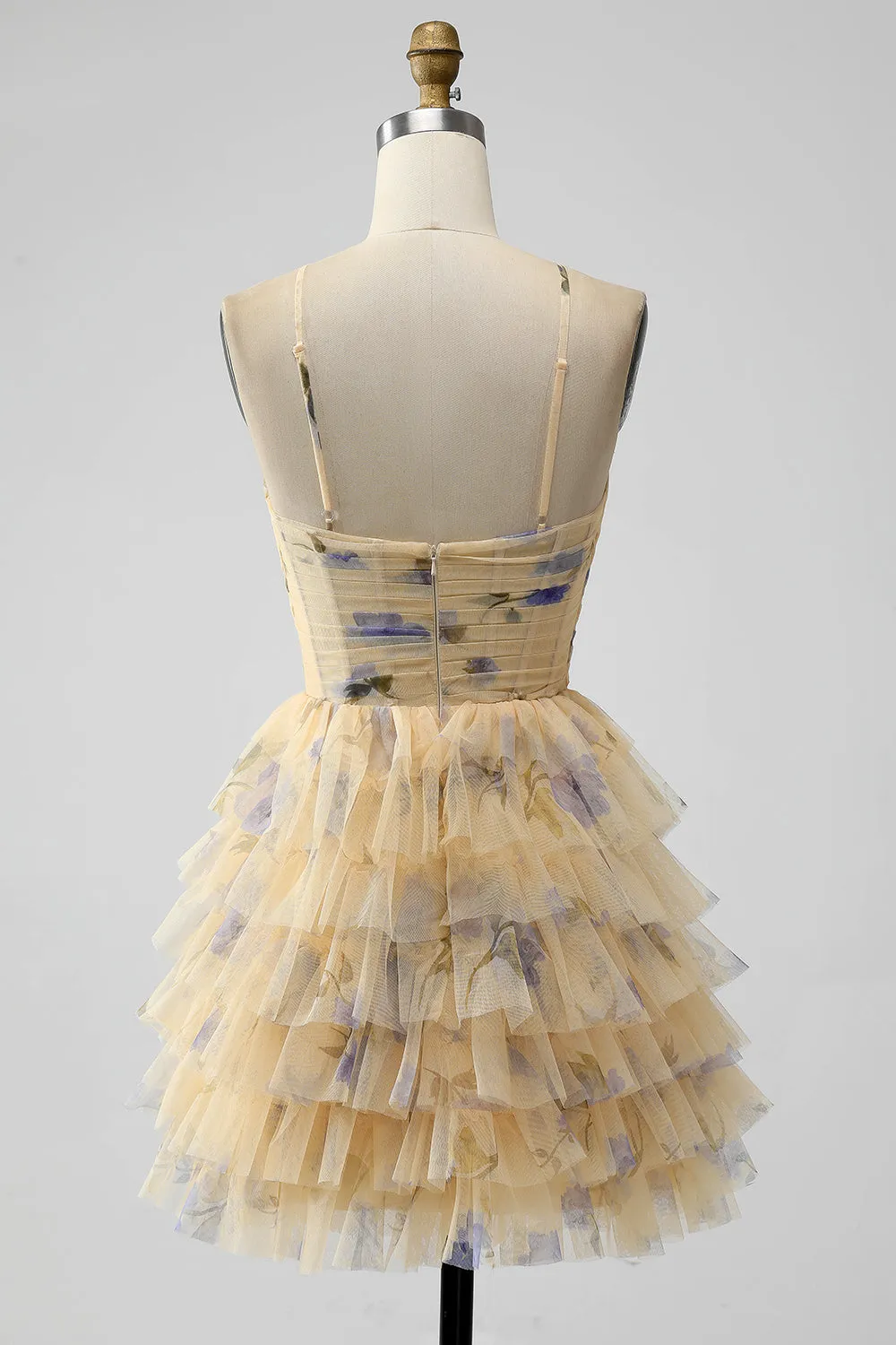 Yellow Print Keyhole Ruffle Tiered Short Homecoming Dress